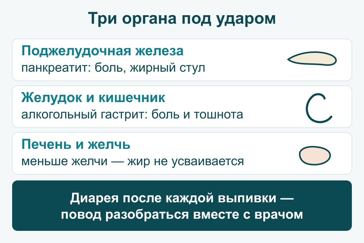 Схема: три органа под ударом при регулярном употреблении — поджелудочная железа (панкреатит, жирный стул), желудок и кишечник (алкогольный гастрит, боль и тошнота), печень и желчь (меньше желчи — жир не усваивается)