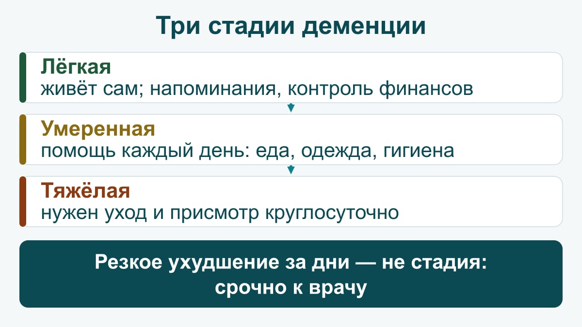 Схема: три стадии деменции — лёгкая (живёт сам, нужны напоминания и контроль финансов), умеренная (помощь каждый день: еда, одежда, гигиена), тяжёлая (постоянный уход и присмотр); резкое ухудшение за дни — не стадия, а срочный повод к врачу